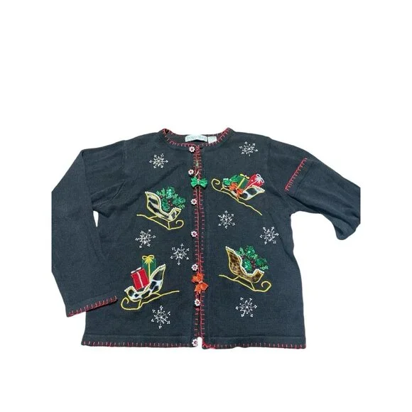 Victoria Jones Christmas Sweater Size Medium Button Up Cardigan - Picture 3 of 11